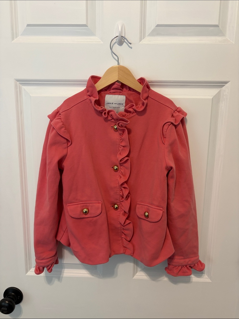 Janie and Jack Coral Ruffle Cotton/Polyester Blend Jacket with Gold Buttons